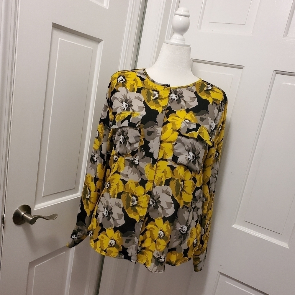 Who What Wear Yellow Floral Print Button Front Blouse Size XL